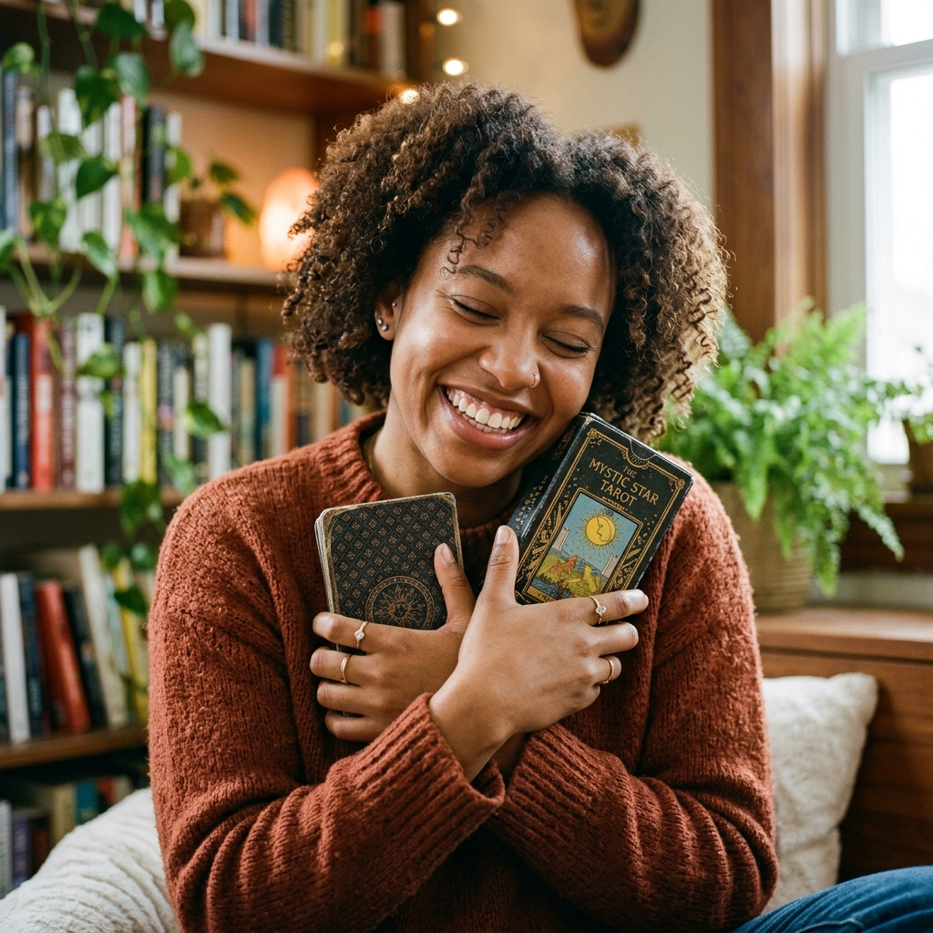 mua bài tarot - Nụ cười rạng rỡ ôm bộ bài vào lòng.