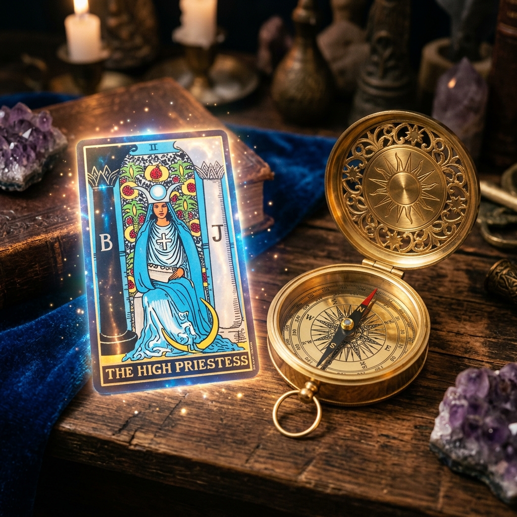 thần số học và tarot - Lá bài và la bàn vàng rực sáng cạnh nhau