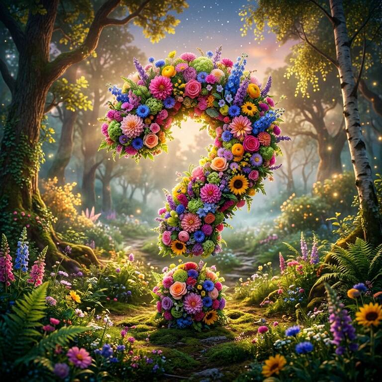 cách đặt câu hỏi tarot - Dấu chấm hỏi khổng lồ làm bằng hoa tươi rực rỡ, biểu trưng cho hi vọng bất tận