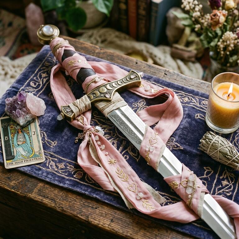 biểu tượng bài tarot - Thanh kiếm tarot quấn dải lụa hồng vượt lên tổn thương