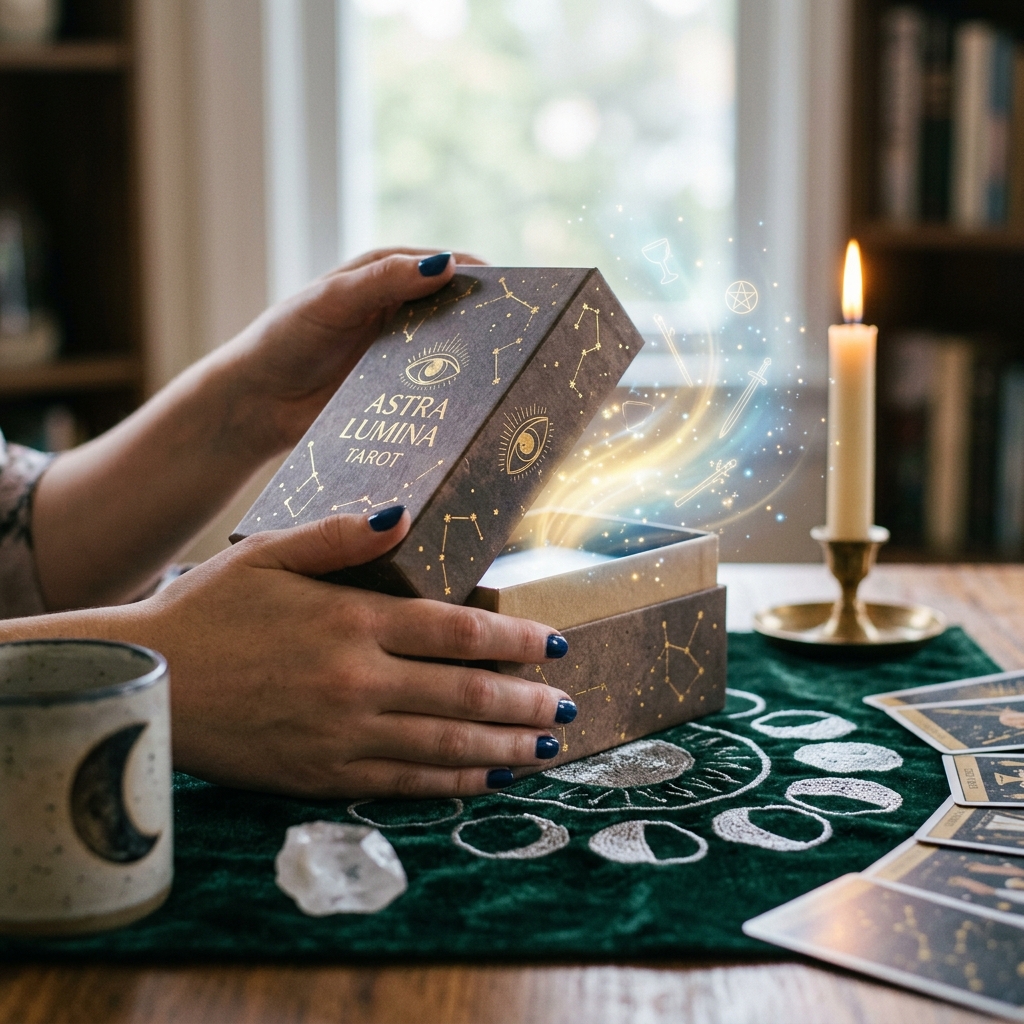 mua bài tarot - Góc đập hộp một bộ bài mới với ánh sáng lấp lánh.