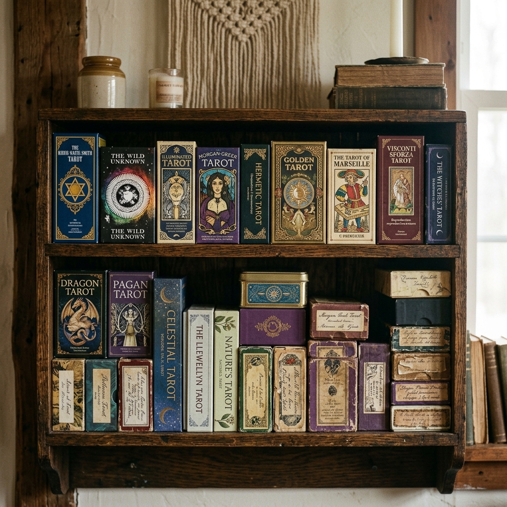 mua bài tarot - Kệ gỗ cổ chứa nhiều hộp bài thiết kế đẹp mát mắt