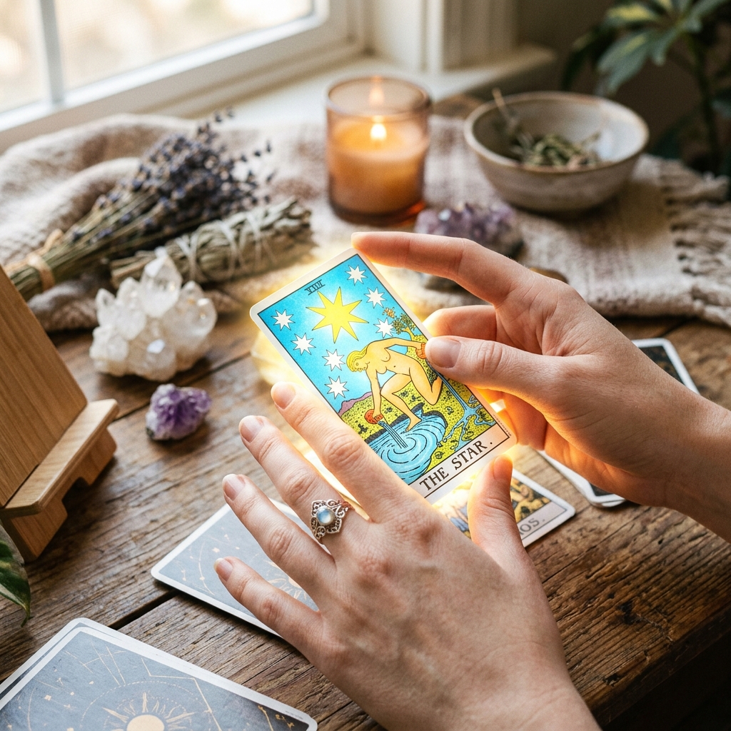 Bàn tay lật thẻ Tarot tỏa sáng