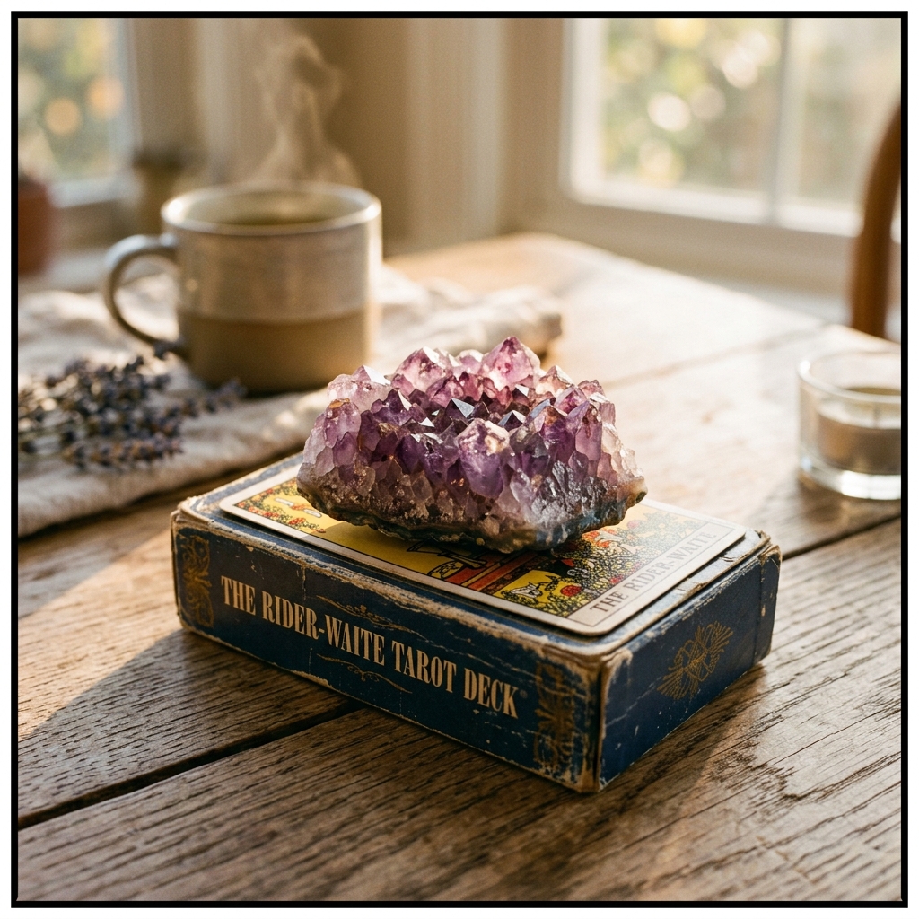 Thanh tẩy bài tarot: Nghi thức gột rửa lòng mình 2 thanh tẩy bài tarot - Thạch anh tím toả năng lượng chữa lành