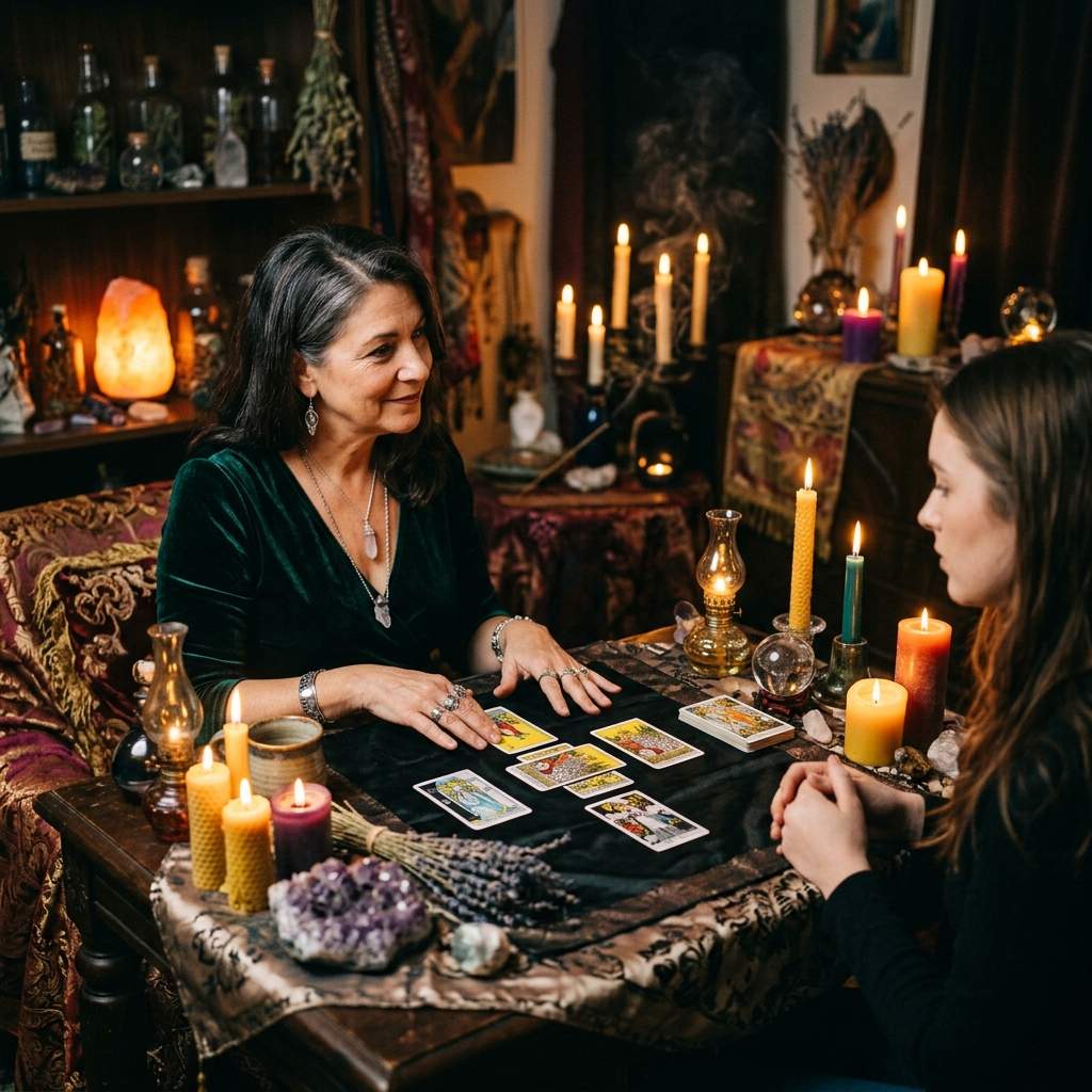 Bài tarot: Thông điệp vũ trụ gửi mình chữa lành 3 Một không gian giải bài tarot ấm cúng, thư thái với nến và pha lê