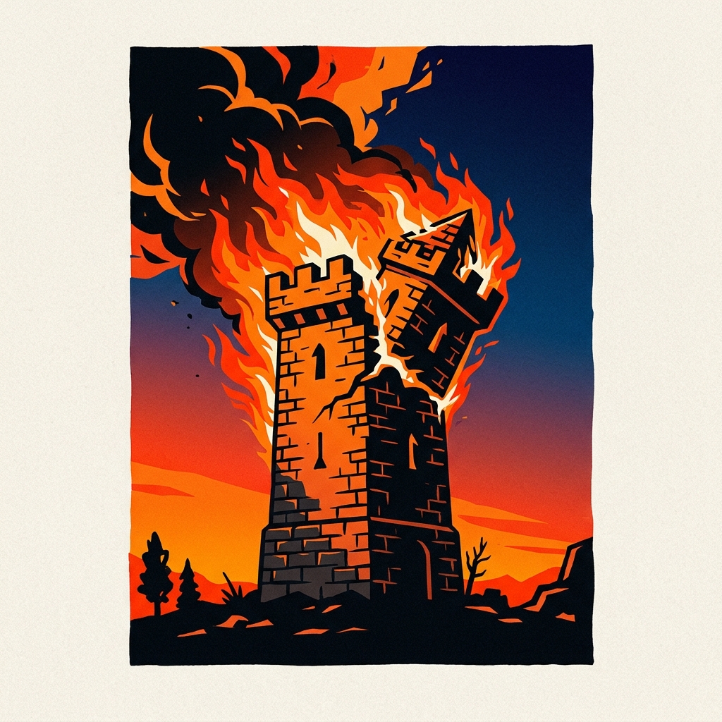lá The Tower - Hình minh hoạ toà tháp sụp đổ bốc cháy dữ dội