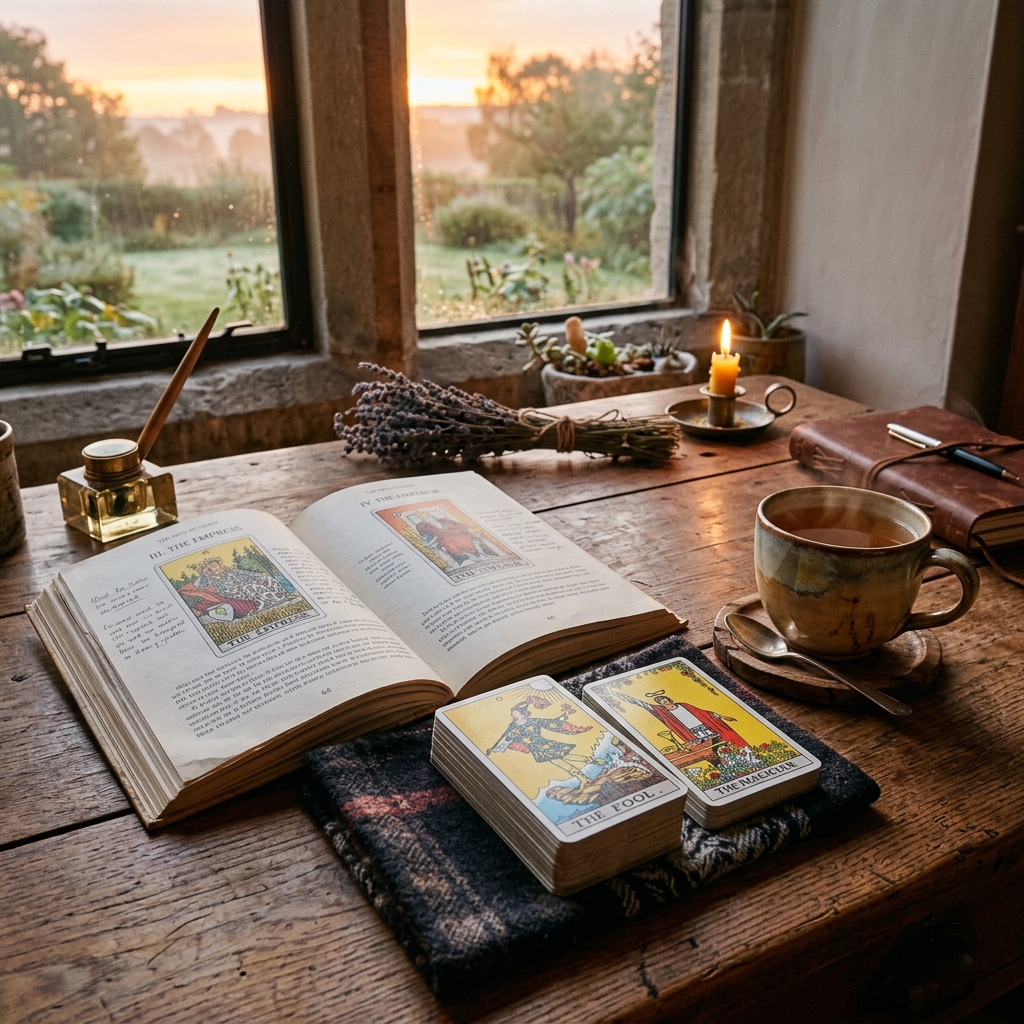 tự học tarot tại nhà - Bàn gỗ ấm áp pha trà chiều cho buổi thực hành