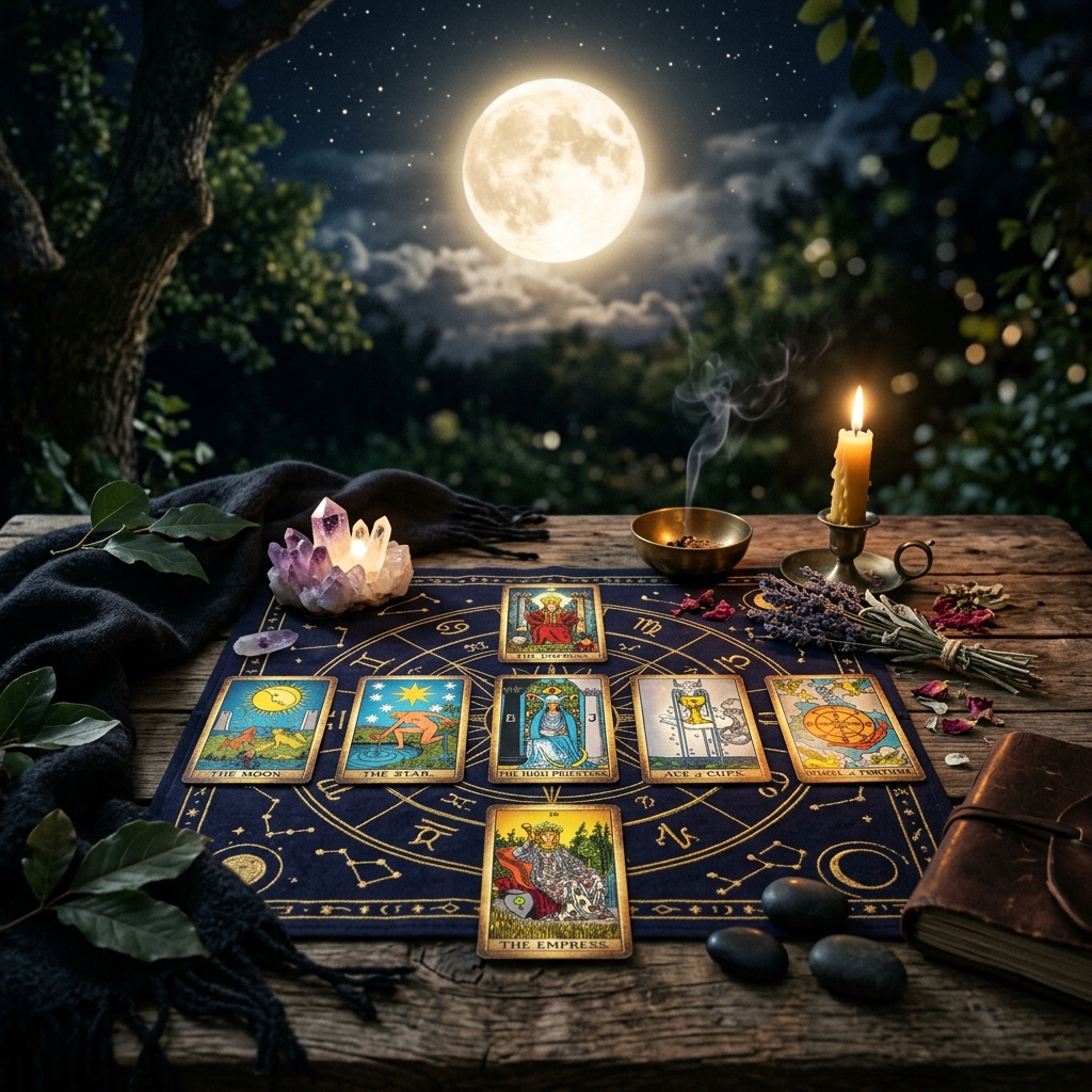 Thanh tẩy bài tarot: Nghi thức gột rửa lòng mình 3 thanh tẩy bài tarot - Ánh trăng nhiệm mầu trải dài lên bài