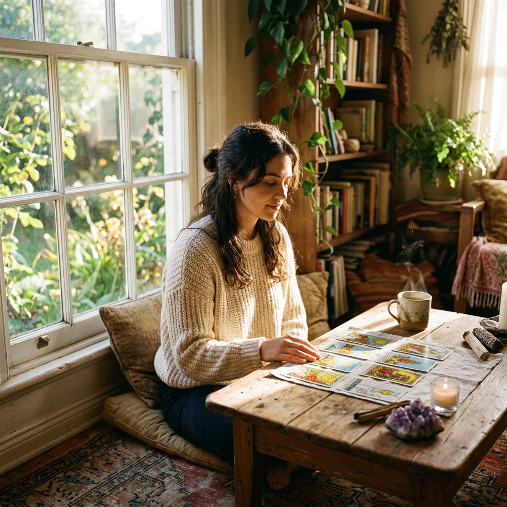 tự học tarot tại nhà - Đọc bài bên cửa sổ đầy ánh nắng ban mai rạng ngời