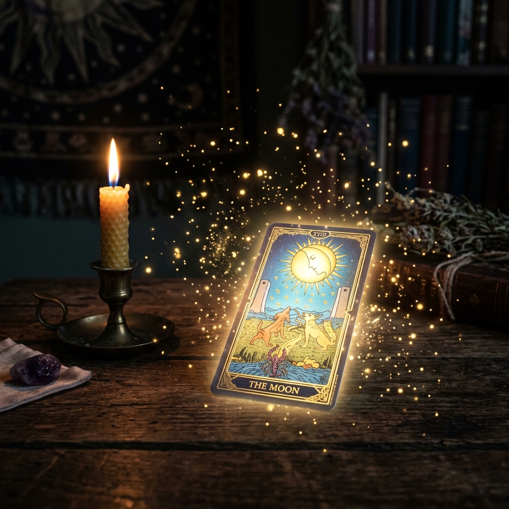 bói bài tarot hôm nay - Lá bài tarot tỏa sáng bên ngọn nến trong đêm tĩnh lặng
