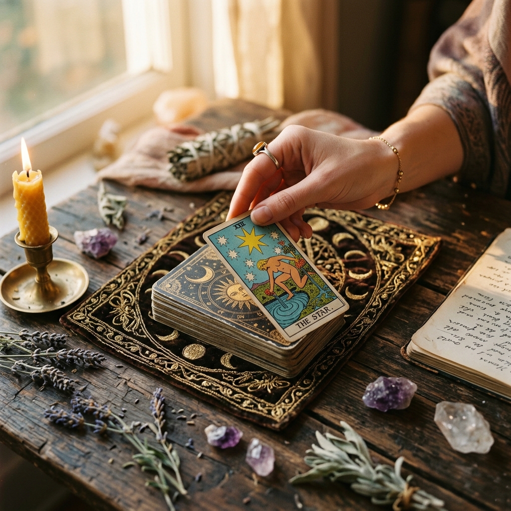 bói bài tarot hôm nay - Bàn tay nhẹ nhàng rút lá bài tarot trong ánh nắng sớm