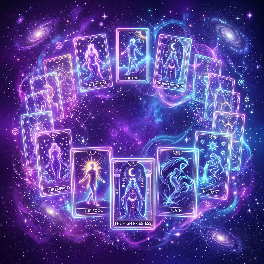bói bài tarot online - Những lá bài tarot lơ lửng trong không gian huyền ảo tím biếc