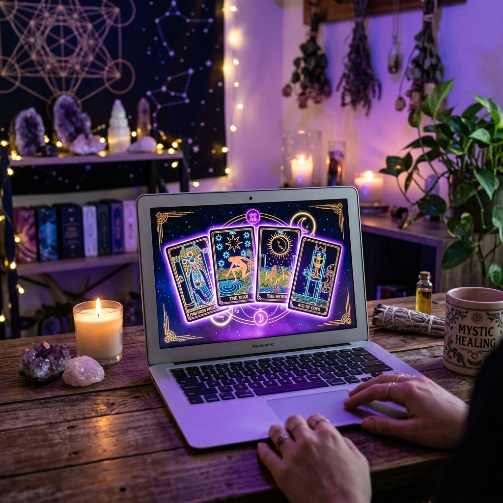 Bói bài tarot online trên laptop trong không gian chữa lành hiện đại
