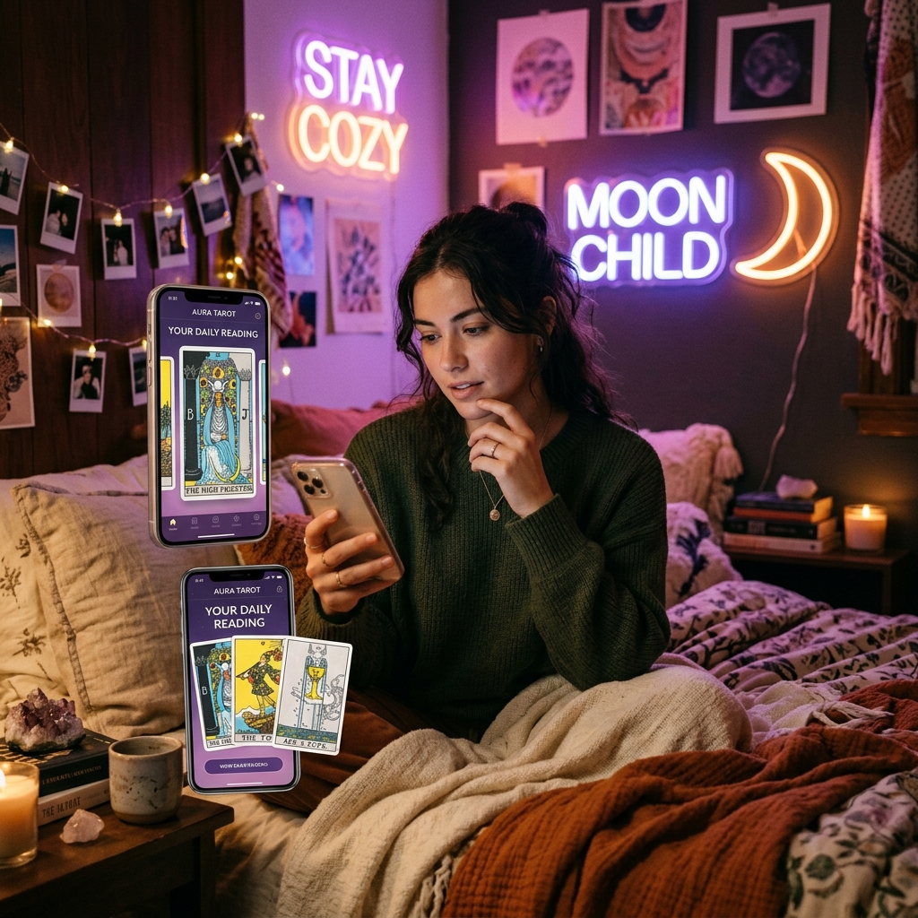 bói bài tarot online - Cô gái trẻ xem bài tarot trên điện thoại trong không gian ấm cúng