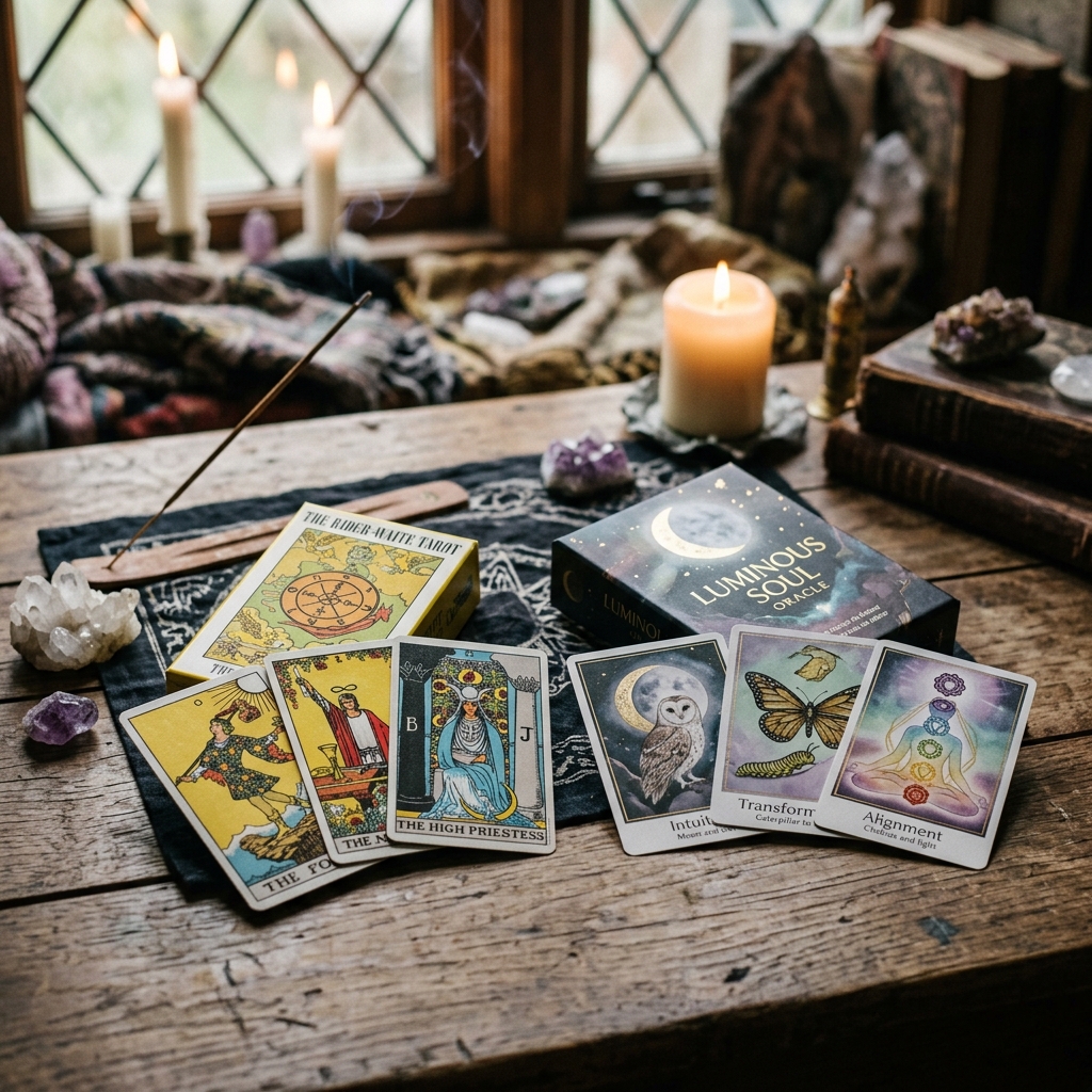 Tarot vs Oracle - Cận cảnh bộ bài Tarot và Oracle cùng tỏa sáng trên mặt bàn
