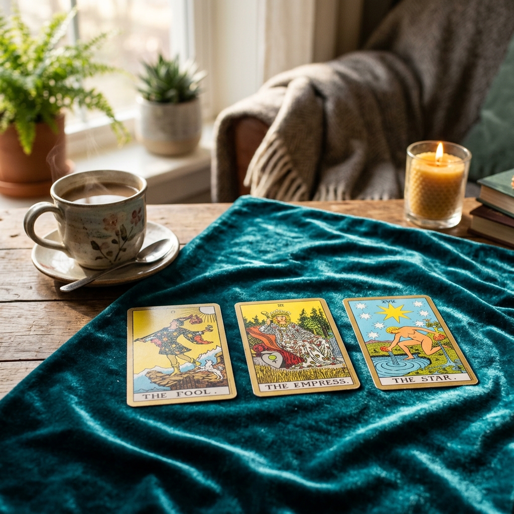 bói bài tarot hôm nay - Ba lá bài tarot trải trên vải nhung trong ánh sáng ban mai